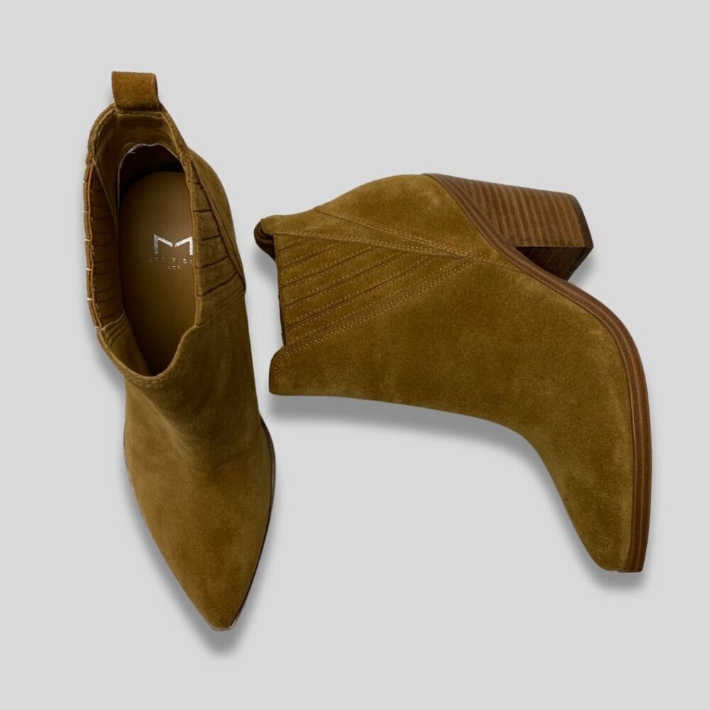 MARC FISHER Gadri Ankle Boots Tan Brown Suede Pointed Toe Block Heel Size 6.5